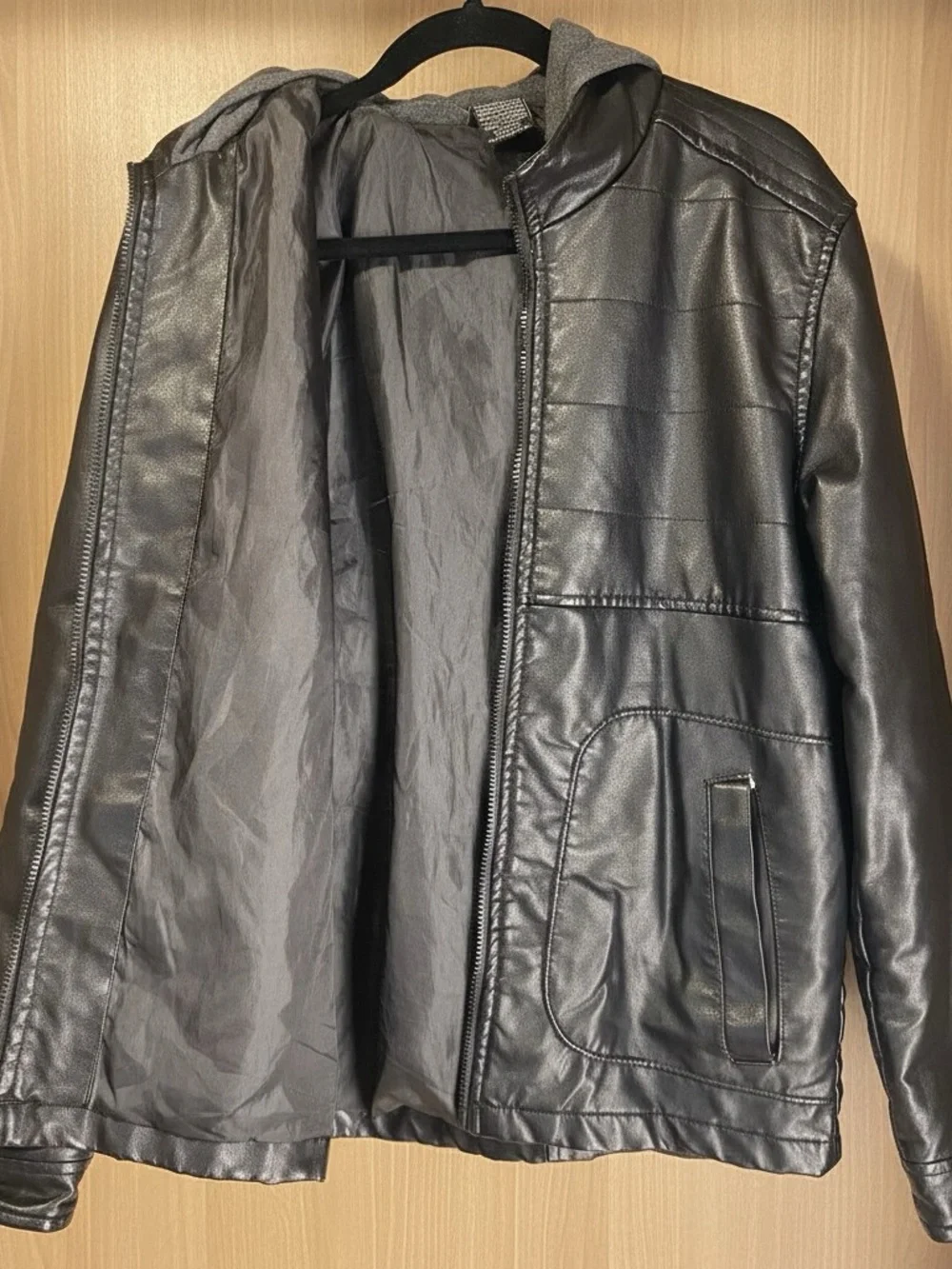 Ring of Fire Men's Faux Leather Hooded Jacket Black Size S Excellent Condition